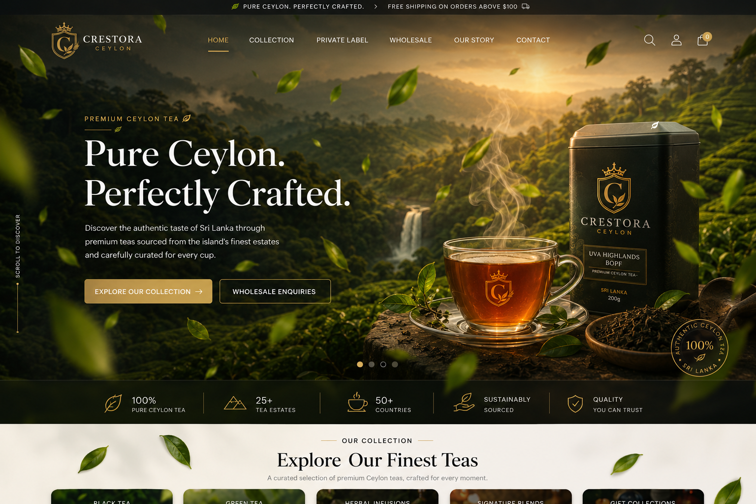 Premium Crestora Ceylon tea overlooking a Sri Lankan tea estate